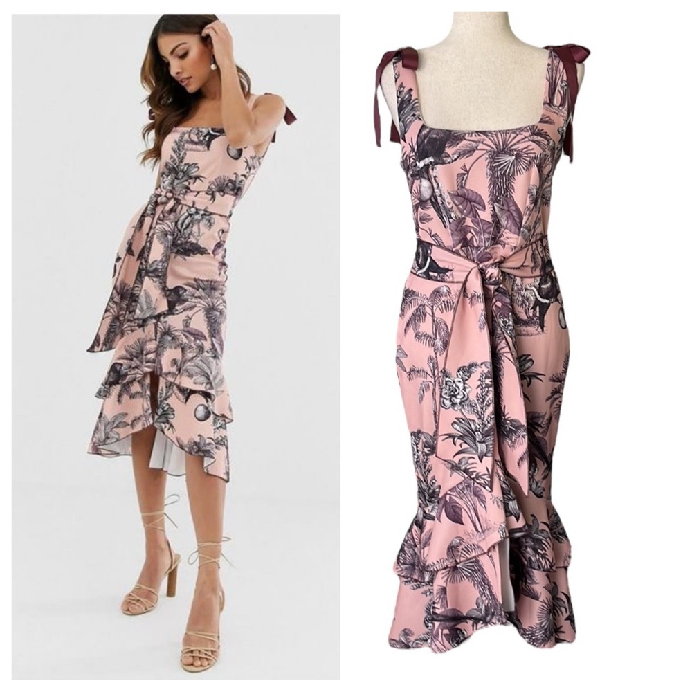 ASOS Tie Strap Botanical Floral Pep Hem Midi Dress